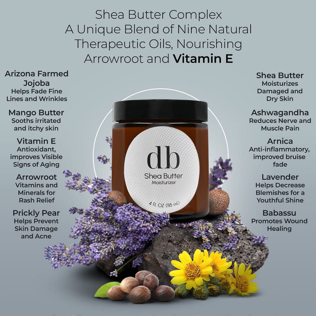 Jar of db Shea Butter Moisturizer Complex in floral arrangement with list of the benefits of its natural ingredients.